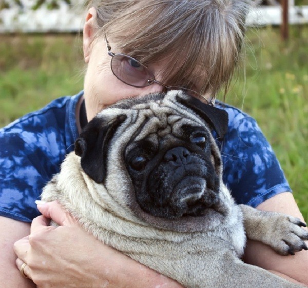 woman holding a pug