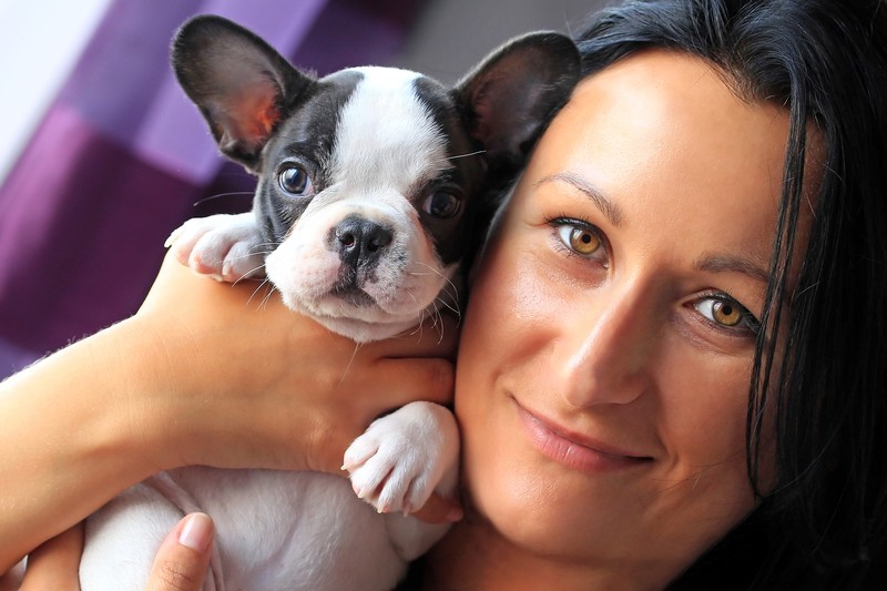 woman and her Frenchie puppy