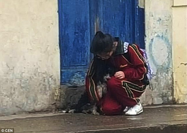 girl petting dog